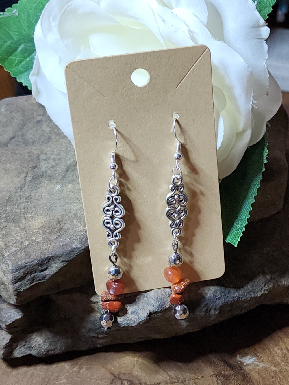 Hand Crafted Silver Toned Filigree Drop Earrings with Orange Gemstone Beads